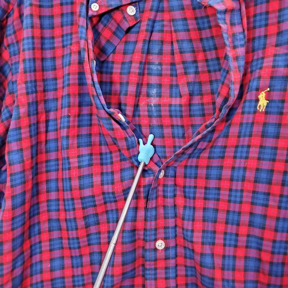 Ralph Lauren Men Button Up Shirt Large Red Classic Fit Plaid Blue LS READ